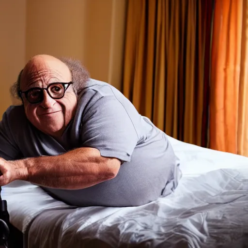 Image similar to Danny DeVito laying on a bed playing with his didgeridoo, cinematic, studio light, 8K,