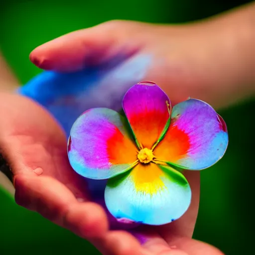 Image similar to closeup photo of rainbow - colored flower with 7 petals, held by hand, shallow depth of field, cinematic, 8 0 mm, f 1. 8