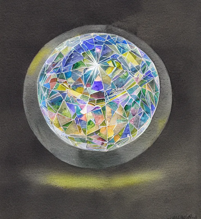 Image similar to a 1988 watercolor and ink illustration of an intricate and faceted crystal ball with a world inside of it + dissolving in to light + prism + god rays + dramatic lightning + backlit + specular + caustics