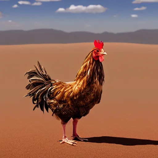 Image similar to realistic photograph of a chicken in a desert, high quality