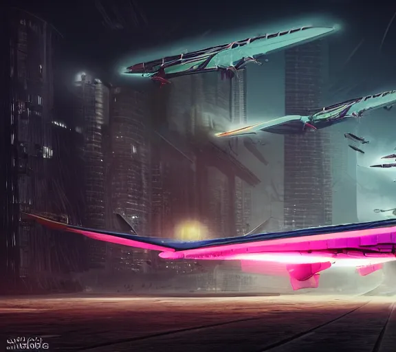 Prompt: futuristic sci fi jet lands at runway of cyberpunk city, night photo ,cinematic lighting , digital concept art