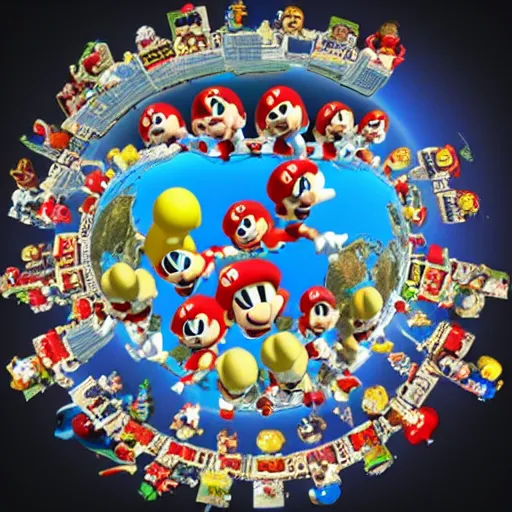 Prompt: photo of recursive super marios hundreds of marios holding up planet earth