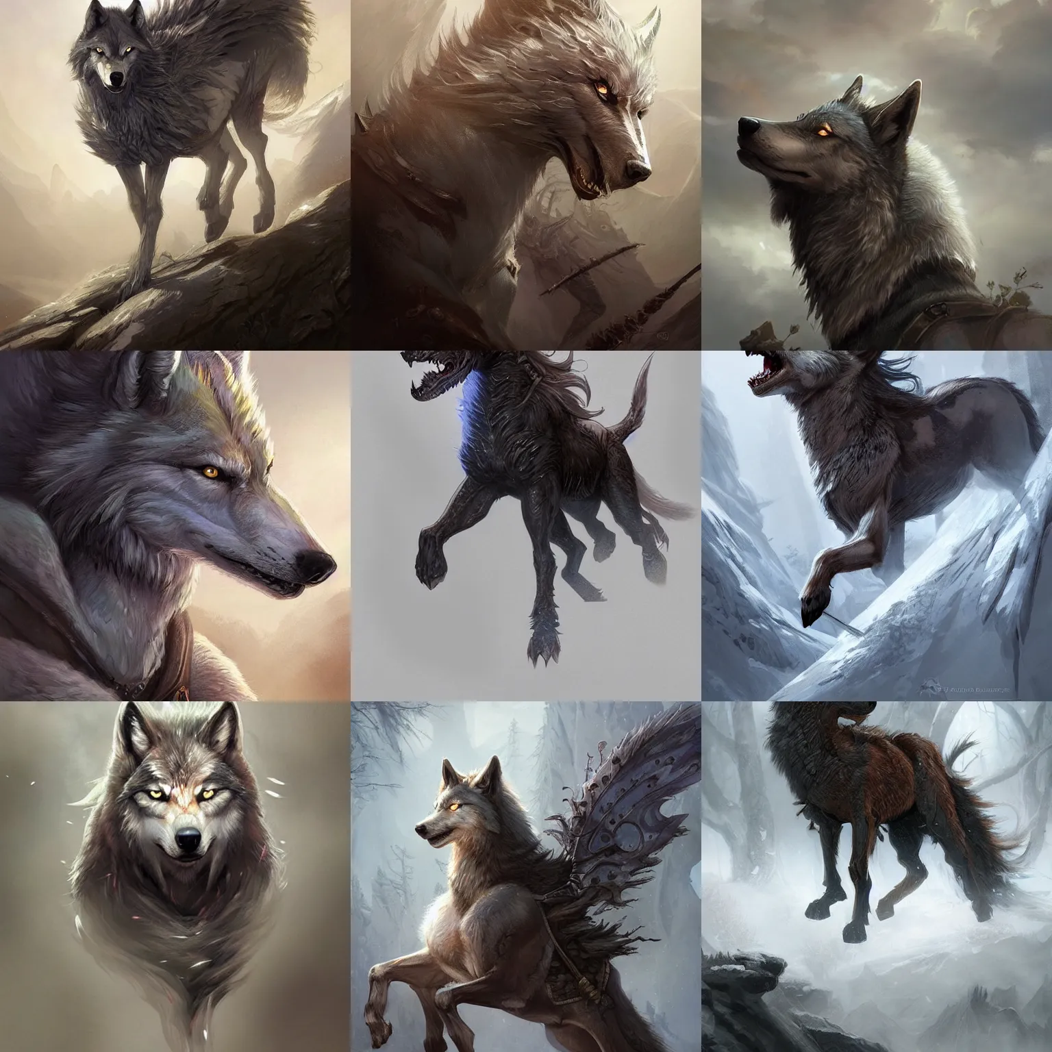 Prompt: wolf horse, D&D, fantasy, highly detailed, digital painting, trending on artstation, concept art, sharp focus, illustration, art by artgerm and greg rutkowski and magali villeneuve