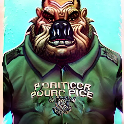 Prompt: portrait painting of a friendly bugbear police officer with gang tattoos, sharp focus, award - winning, trending on artstation, masterpiece, highly detailed, intricate. art by josan gonzales and moebius and deathburger