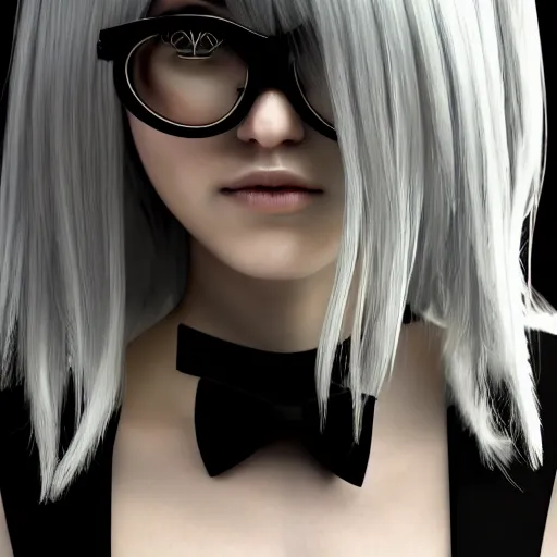 Prompt: nymph render of a very elegant looking 3d adam from nier automata game, long white hair, blackl eyes, black glasses, sharp jawline, short smile, black bow tie, golden hour, white room setting, medium shot, mid-shot, highly detailed, trending on Artstation, Unreal Engine 4k