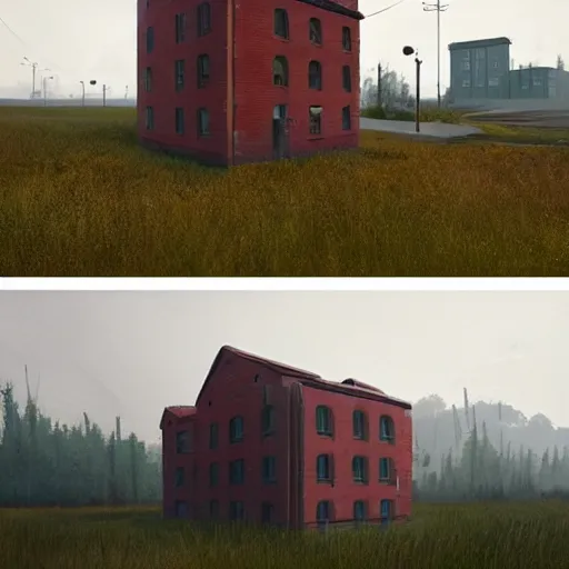 Prompt: single building, simon stalenhag, props, furniture and decor