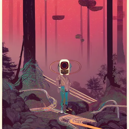 Prompt: Stunning 8k illustration of cyberpunk explorer holding his small circular robot friend in his hand, forest in background, highly detailed, by Victo Ngai and James Gilleard , Moebius, Laurie Greasley