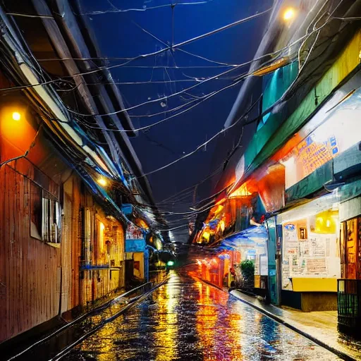 Prompt: rain - soaked alley with messy overhead cables in yongsan district, seoul, south korea, award winning photograph 4 k hd, night - time