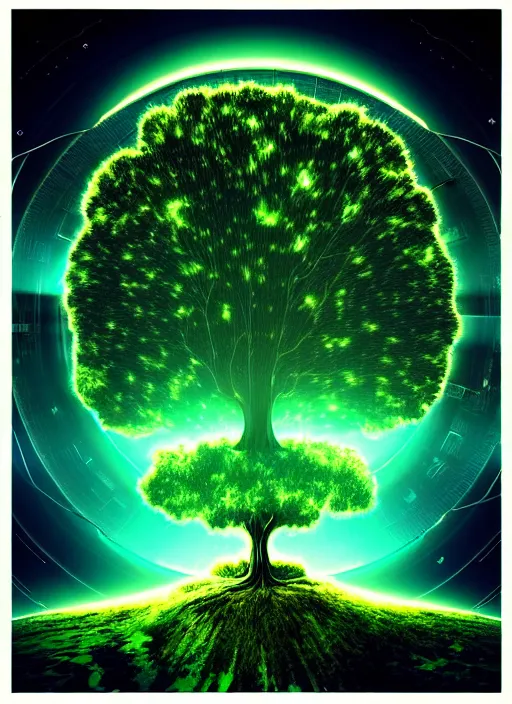 Prompt: high depth, collective civilization tree, calm, healing, resting, life, hybrids, scifi, glowing lights, published concept art, mixed medias, image overlays, sharp focus, winning illustration, eyes reflecting into eyes into infinity, singularity!!!, 3 6 0 projection, art in the style of all