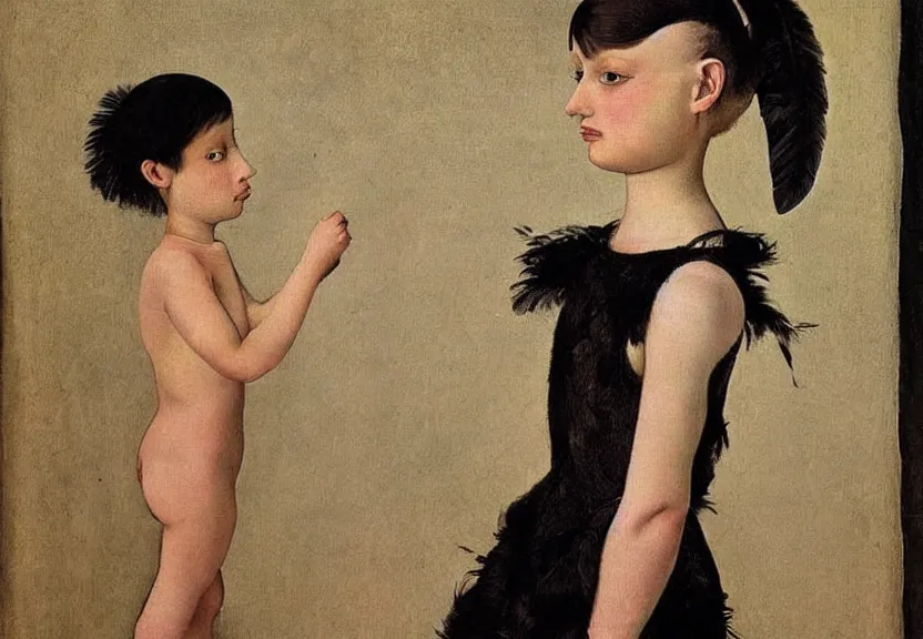 Prompt: beautiful little girl with a short black haircut wearing a dress made of black feathers, artwork in balthus art style, anatomically perfect