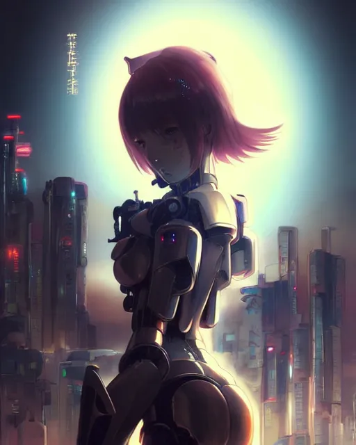 Image similar to portrait Anime Girl in mecha armor in night tokyo Sharp fine face pretty face, realistic shaded Perfect face, fine details. Anime. cyberpunk realistic shaded lighting by katsuhiro otomo ghost-in-the-shell, magali villeneuve, artgerm, rutkowski Jeremy Lipkin and Giuseppe Dangelico Pino and Michael Garmash and Rob Rey