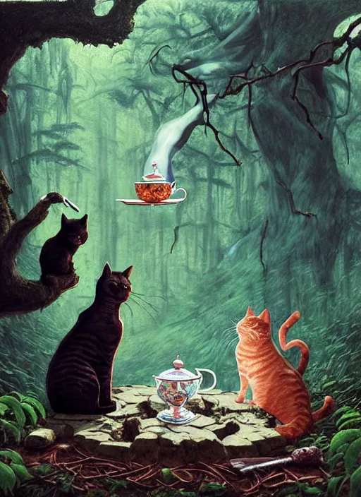 Image similar to cat having tea with a sorceress at a shrine in the woods by a stream, river gorgeous lighting, lush forest foliage blue sky a hyper realistic painting by chiara bautista and beksinski and norman rockwell and greg rutkowski weta studio, and lucasfilm