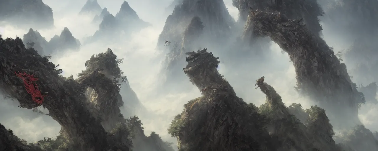 Image similar to ancient chinese dragon flying in fantasy chinese karst landscape, mountains, fog, art by greg rutkowski, concept art, cinematic, 4 k