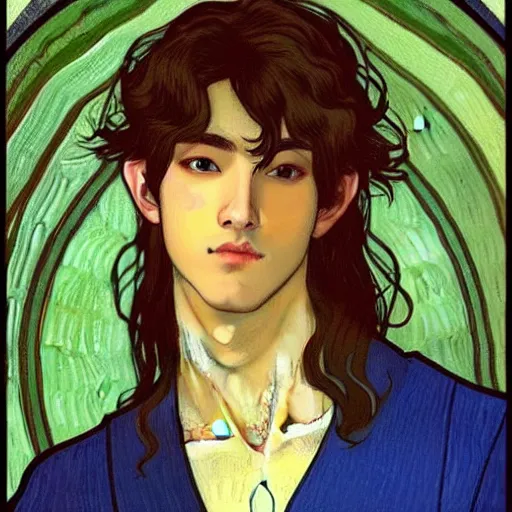 Prompt: portrait painting of young handsome beautiful paladin elf!! man with long! wavy dark hair in his 2 0 s named taehyung minjun at the blueberry party, wearing armor!, long hair, elf ears, blue eyes, blueeyes!, elegant, delicate, soft facial features, art, art by alphonse mucha, vincent van gogh, egon schiele,