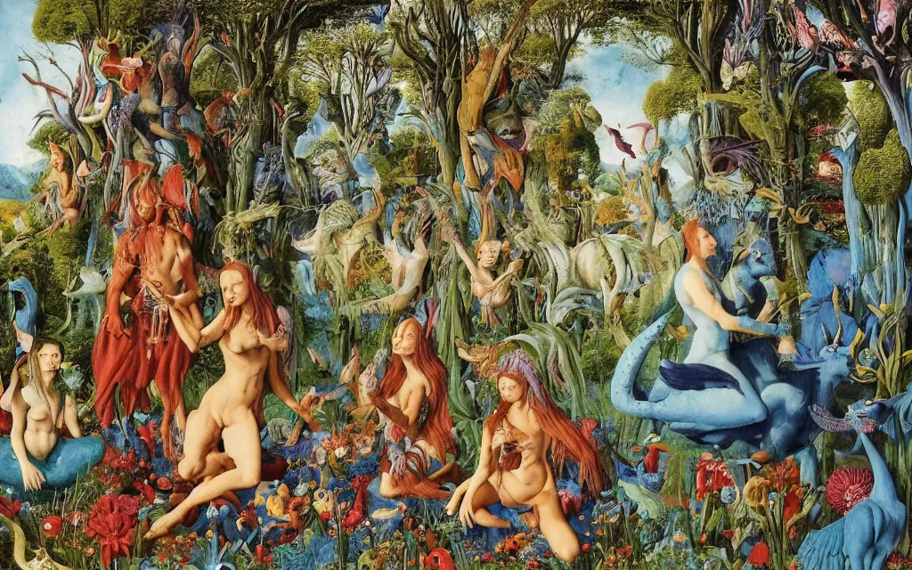 Prompt: a photograph of a meditating centaur shaman and a blue harpy mermaid feeding animals. surrounded by bulbous flowers, animals and a few trees. river delta with mountains and cliffs under a blue sky full of burning stars and birds. painted by jan van eyck, max ernst, ernst haeckel, ernst fuchs and artgerm. trending on artstation