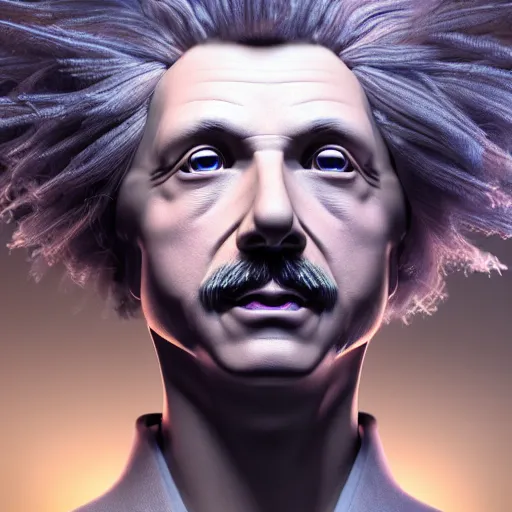 Image similar to masterpiece portrait ethereal biomechanical einstein with incredible hair, crystal incrustations, hyper - detailed face, elegant posed, intricate, octane render, cinematic lighting, cgsociety, unreal engine,