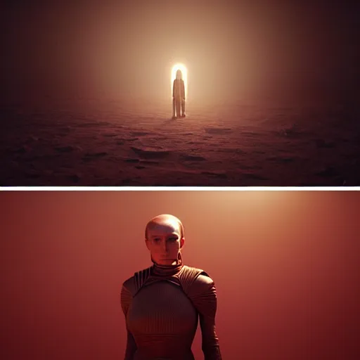 Image similar to colour aesthetic highly detailed photography scene, characters with hyperrealistic highly detailed faces. from dune ( 2 0 2 1 ) by alejandro hodorovski and denis villeneuve and gregory crewdson style with many details by andrei tarkovsky and caravaggio in sci - fi style. volumetric natural light hyperrealism photo on red dsmc 3 system rendered in blender and octane render