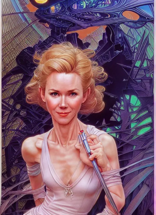 Image similar to early 9 0 s naomi watts, beautiful shadowing, 3 d shadowing, reflective surfaces, illustrated completely, 8 k beautifully detailed pencil illustration, extremely hyper - detailed pencil illustration, intricate, epic composition, very very kawaii, masterpiece, bold complimentary colors. stunning masterfully illustrated by artgerm, range murata, alphonse mucha.