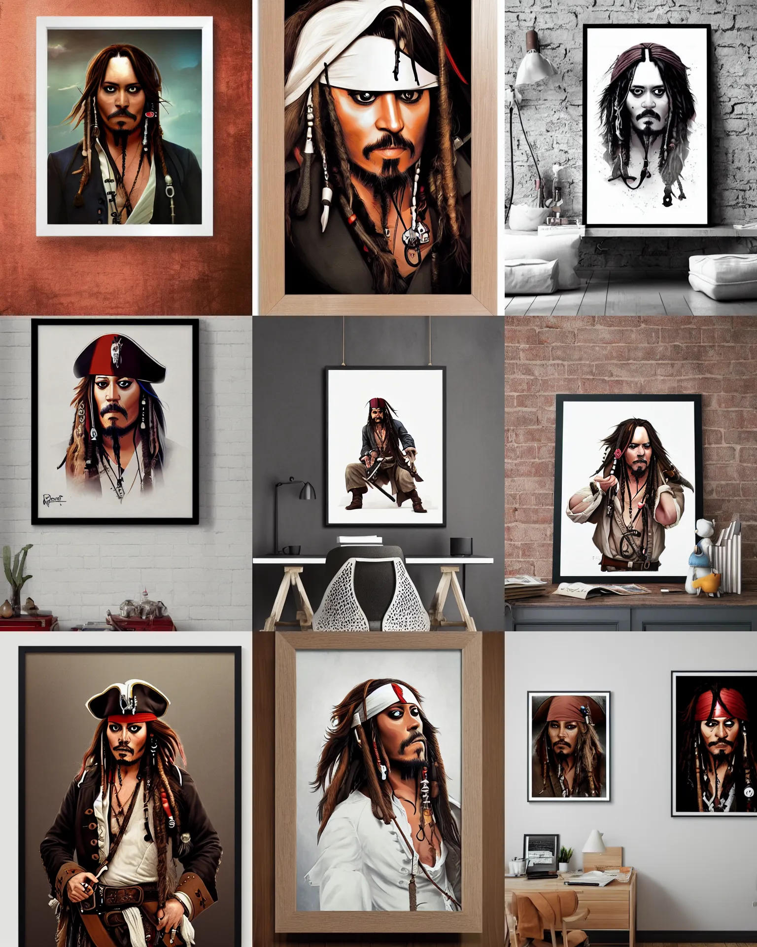 Prompt: a detailed poster in white frame hanging on the wooden wall, portrait of captain jack sparrow, in the style of ilya kuvshinov, rossdraws, wlop