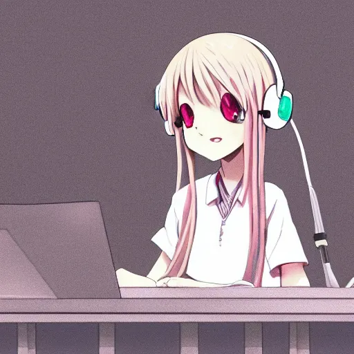 Image similar to high definition anime portrait of an anime girl with pastel colored hair sitting at a desk studying with headphones on, background is a window looking out into a busy Tokyo district, lo-fi art, masterpiece by Naoshi Arakawa, trending on artstation, sharp high quality anime, digital art, photoshop, proportionate, ambient lighting, clear facial festures