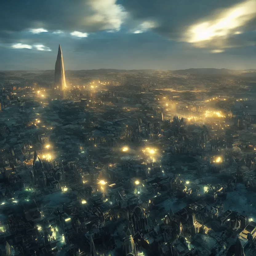 Image similar to the city of asgard. cinematic lighting, atmospheric lighting, focus, ultra - realistic, detailed.