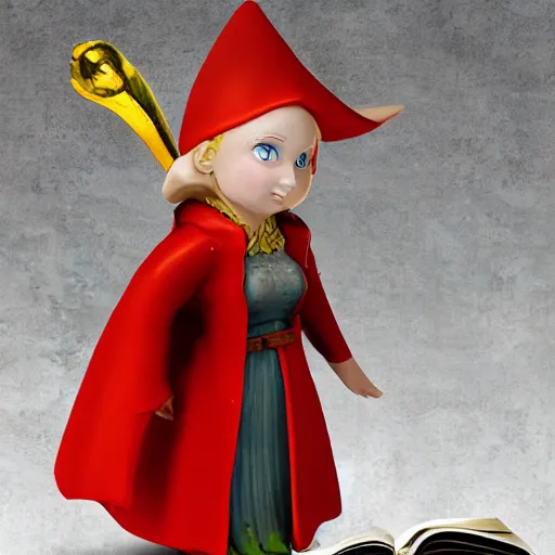 Image similar to 80mm resin model figure female gnome wearing long red coat and holding open spellbook, highly textured, fantasy, D&D, HDR, , natural light, medium close shot, tilt shift, dynamic pose, award winning photograph!, Mucha style