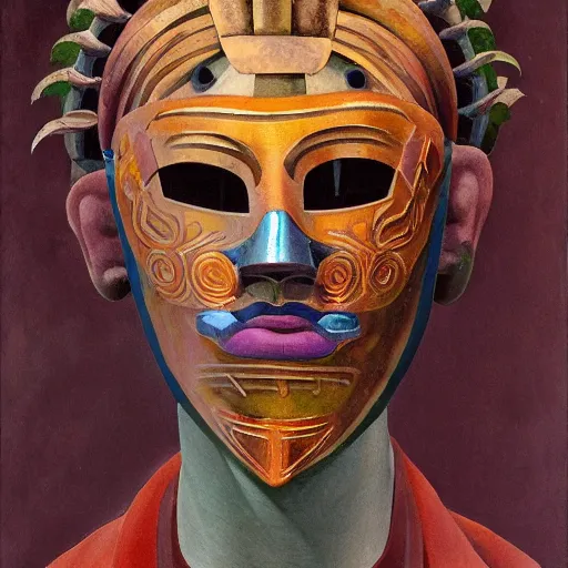 Image similar to head of a beautiful boy wearing a mask made of metal flowers, by diego rivera and john watkiss, art deco shaman, stylized flowers, art brut, symbolist, dramatic lighting, god rays, iridescent beetles, clean crisp graphics, smooth sharp focus, extremely detailed