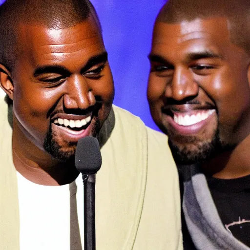 Image similar to Kanye East telling Kanye West jokes, both laughing and having a good time