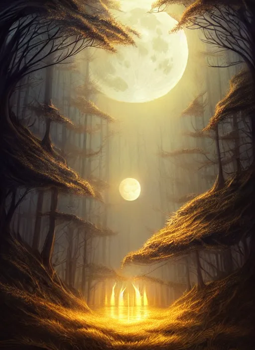 Prompt: fantasy book cover, full moon, fantasy forest landscape, golden elements, fantasy magic, dark light night, intricate, elegant, sharp focus, illustration, highly detailed, digital painting, concept art, matte, art by WLOP and Artgerm, Unsplash, masterpiece