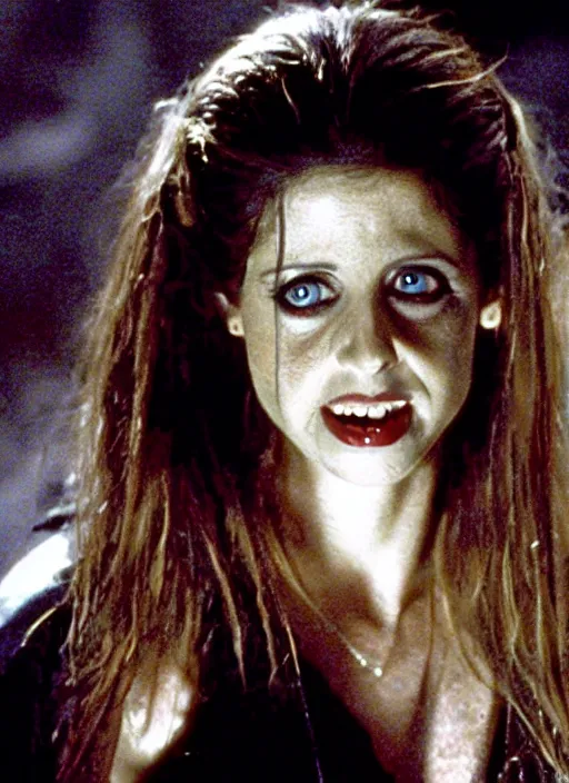 Prompt: film still of sarah gellar as a vampire in the movie the lost boys
