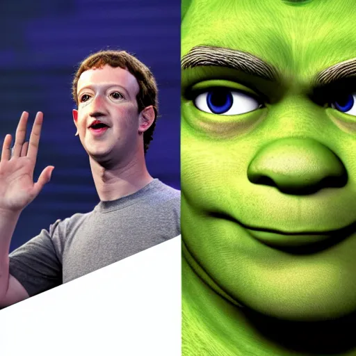 Prompt: Mark Zuckerberg as Shrek, highly detailed, high quality, HD, 4k, 8k, Canon 300mm, professional photographer, 40mp, lifelike, top-rated, award winning, realistic, sharp, no blur, edited, corrected, trending