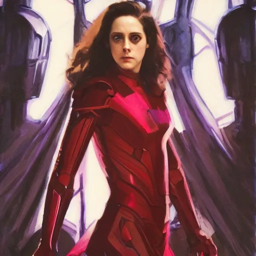 Image similar to alison brie as kristen stewart playing the scarlet witch wearing the iron man armor, intricate, elegant, highly detailed, greg manchess, mucha, liepke, ruan jia, jeffrey catherine jones, ridley scott