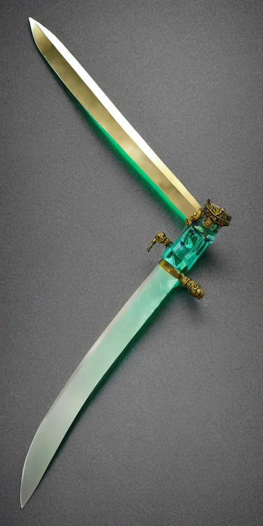 Image similar to photograph of a wide green and teal crystal double - edged sword blade attached to a big gold sword hilt