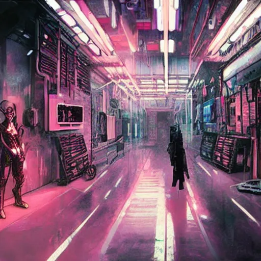 Image similar to cyberpunk inner gallery, iridescent tv repair shops, cybernetic body parts shops, pink noir matte painting by raoul ruiz, yoji shinkawa and esao andrews