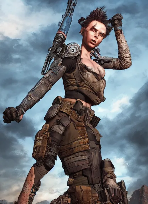 Prompt: A comic book style portrait painting of a stunning female SWAT post apocalyptic punk warrior in a wartorn landscape, unreal 5, DAZ, hyperrealistic, octane render, RPG portrait, ambient light, dynamic lighting