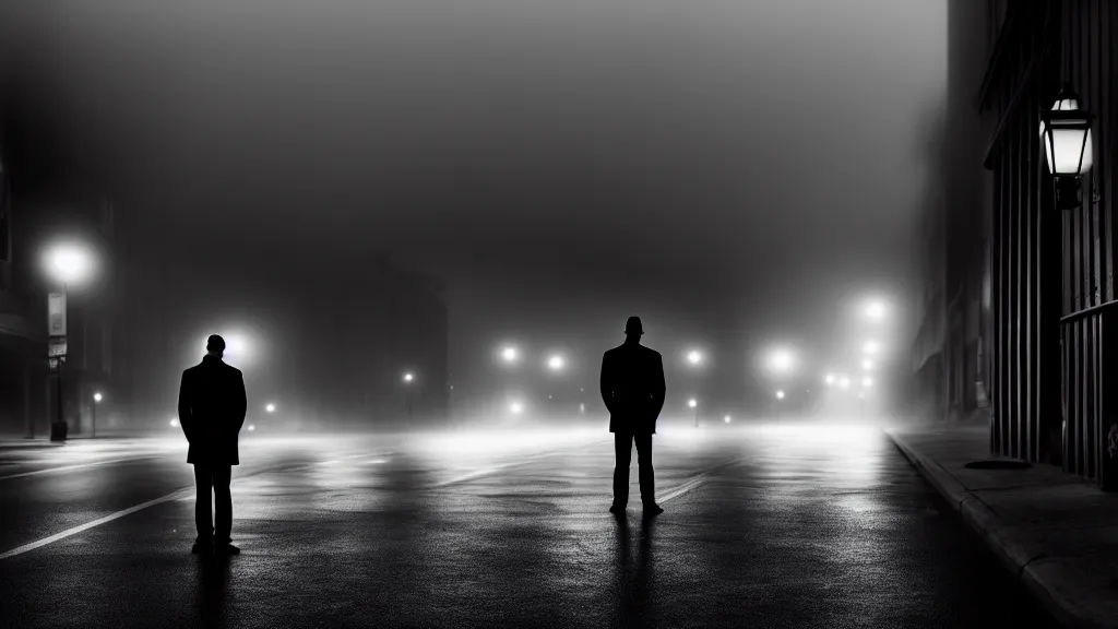 Prompt: a man is standing on the street under the lights, fog, volumetric lighting, mystique, atmospheric, sharp focus, ultra detailed, noir art house, 4 k, cinematic, 3 5 mm