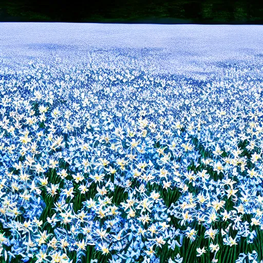 Image similar to field of light blue and white lilys, matte painting