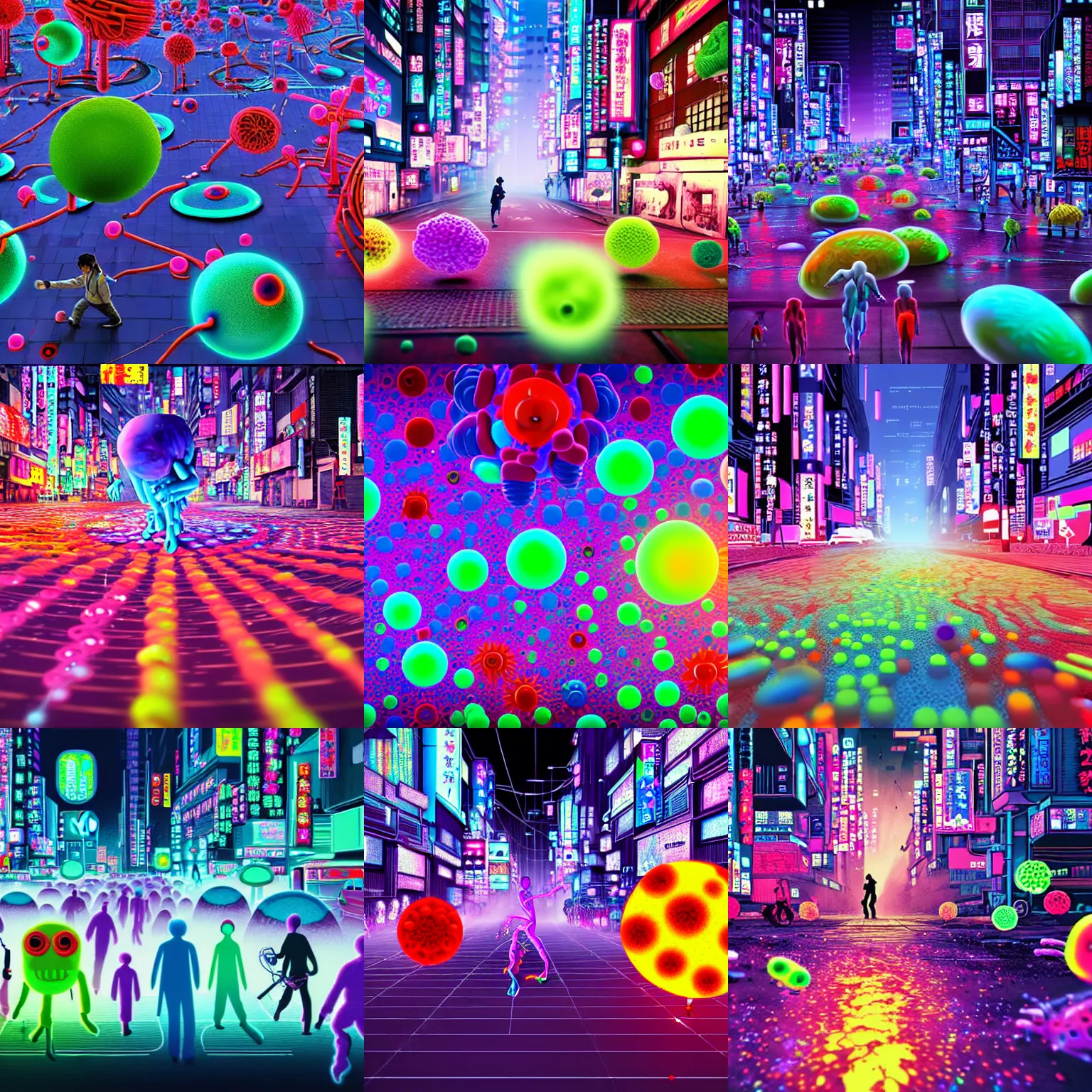 Prompt: giant colorful bright microbe and virus and dna and bacteriophage eat people in streets, neo - tokyo, realistic, 8 k, ultra detailed