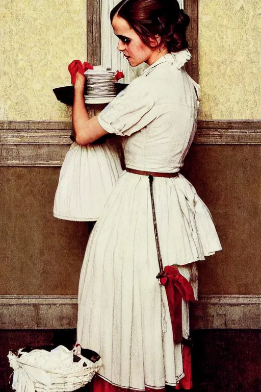 Prompt: photo photorealistic portrait photograph Emma Watson as maid portrait by Norman Rockwell