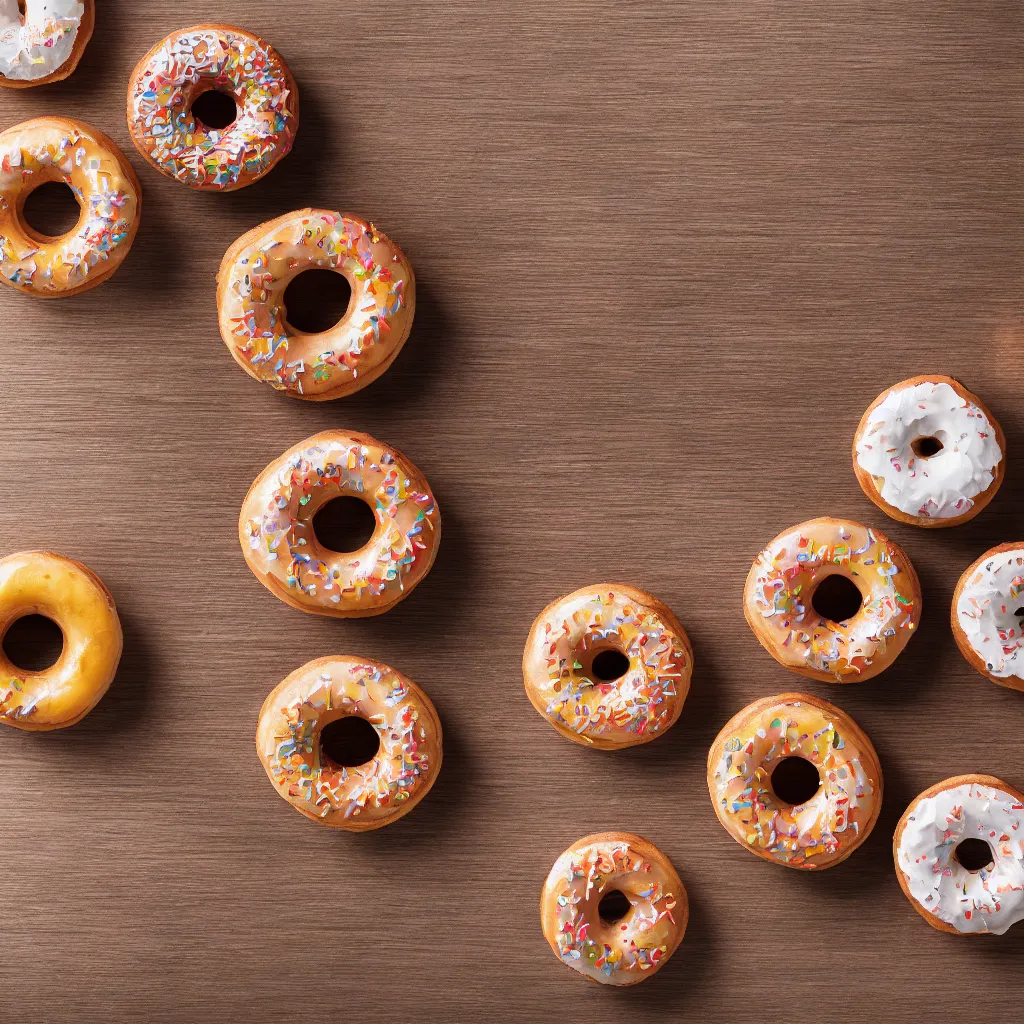 Image similar to top-down view with doughnuts top of a wooden table, wallpaper, 4k, photorealistic