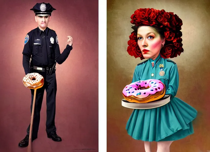 Prompt: a donut dressing a police officer costume, lowbrow, matte painting, 3 - d highly detailed, in the style of mark ryden,