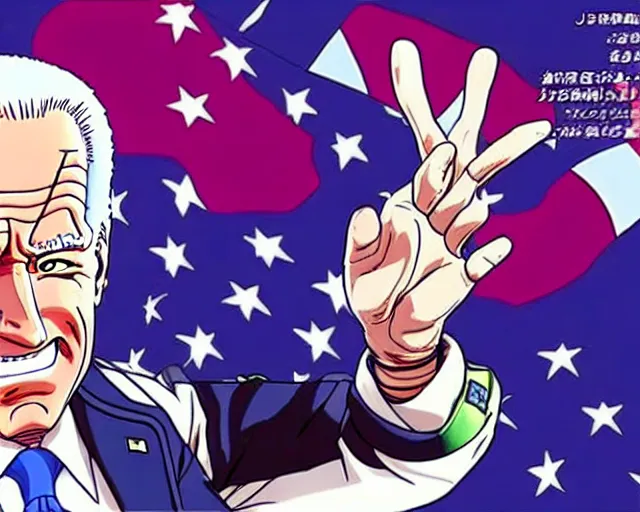 Prompt: Joe Biden in JoJo’s Bizarre Adventure anime by Hirohiko Araki, highly detailed, dynamic lighting, anime style