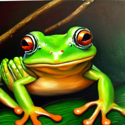 Prompt: beautiful oil painting painting of a frog wearing a crown in swamp