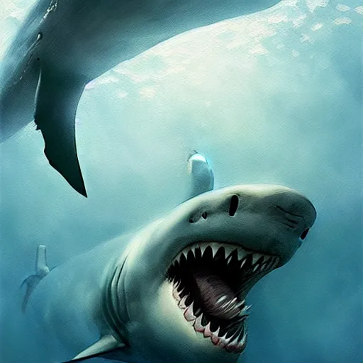 Image similar to a dream fantasy painting of a man inside a white shark, in the deep, by beksinki, antonio j. manzanedo, greg rutkowski, carne griffith trending on artstation, deviantart, photorealism