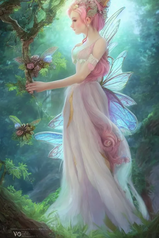 Image similar to a cute and geogerous fairy in the dreamy forest, fantasy, dreamlike, 8 k resolution, hyper detailed, d & d, character design, digital painting, trending on artstation, sharp focus, illustration, art by viktoria gavrilenko, hoang lap, fuji choko, steve zheng,