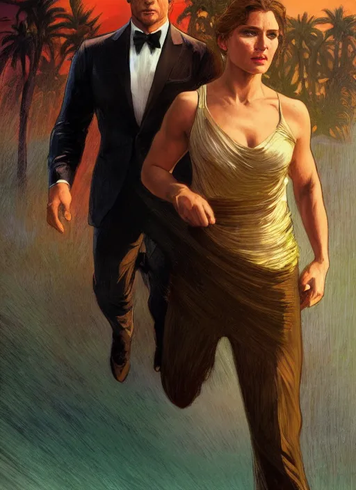 Image similar to portrait of henry cavill as james bond, casino, key art, sprinting, palm trees, woman in background, highly detailed, digital painting, artstation, concept art, cinematic lighting, sharp focus, illustration, by gaston bussiere alphonse mucha