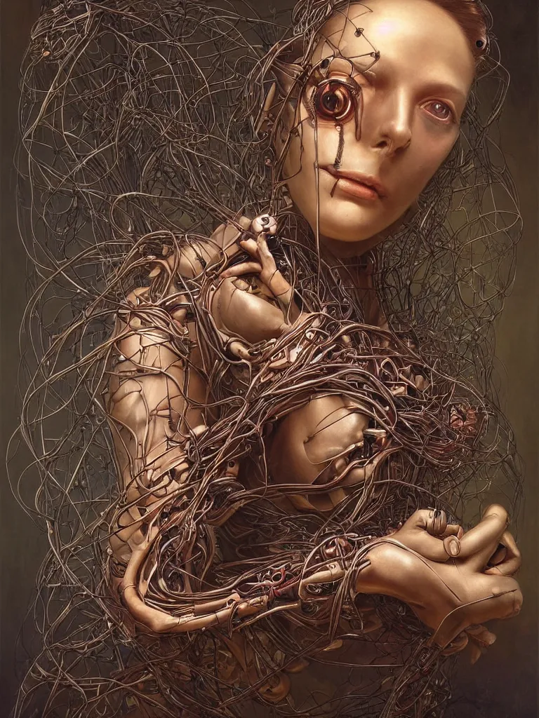 Image similar to portrait of a beautiful female android holding a realistic anatomical heart in her hands and crying, there are wires coming from her heart, tangled and entwined with her long flowing hair, mecha, steampunk, painting by James C. Christensen, by tomasz alen kopera