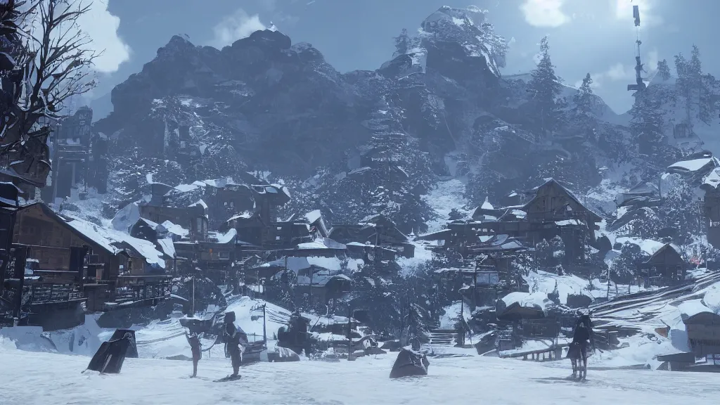 Prompt: beautiful Nier Automata landscape at a ski station, winter