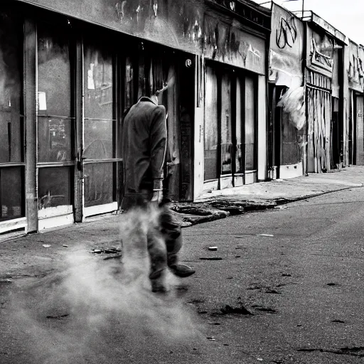 Image similar to tendrils of smoke twist around him as he walks down the lonely street of abandoned storefronts