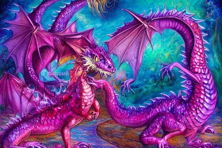 Image similar to full body digital illustration of a cute iridescent magenta baby dragon by Josephine Wall, concept art, matte background, deviantArt, artstation